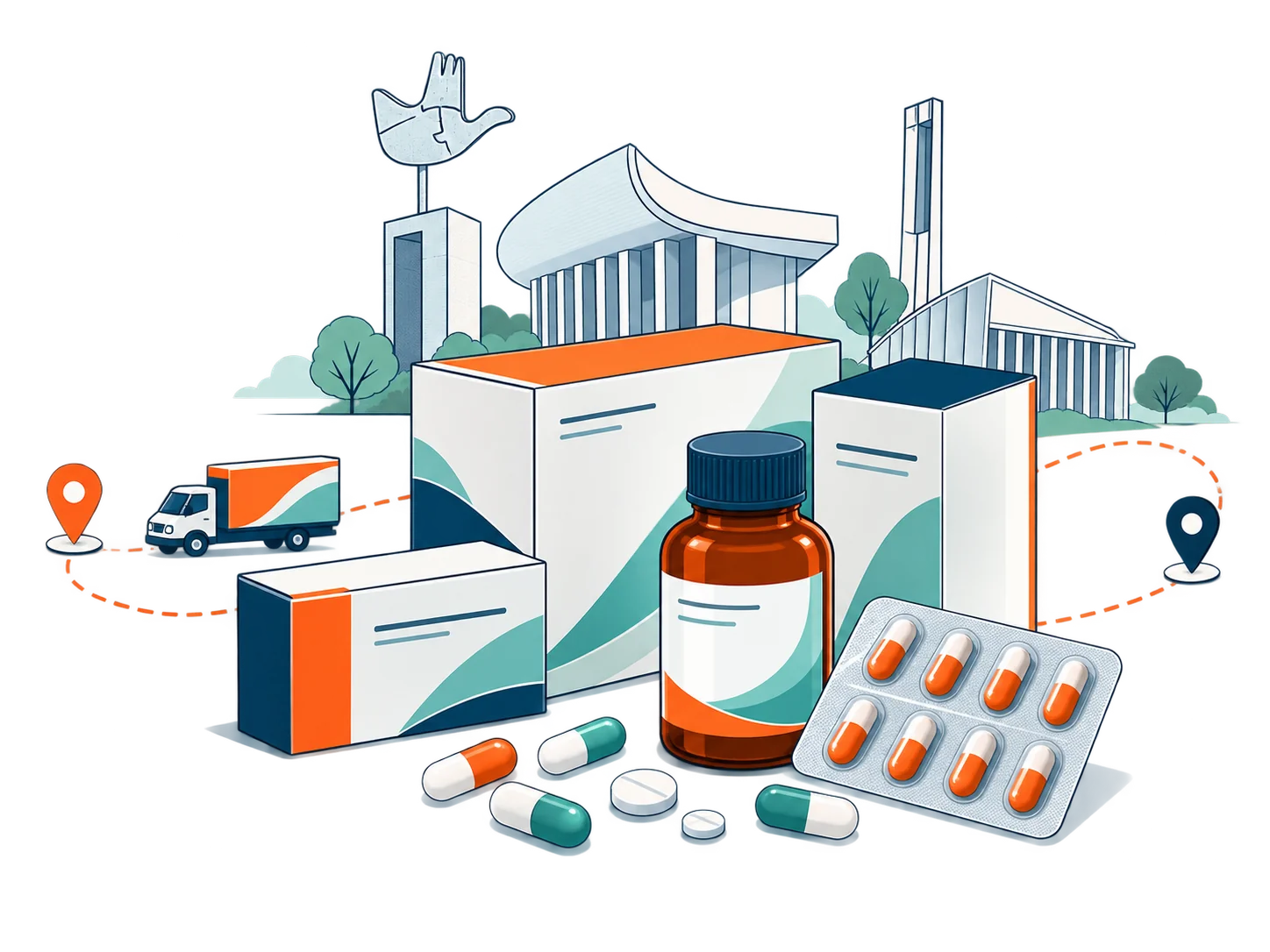 Illustration of pharmaceutical products and a distribution route in Chandigarh